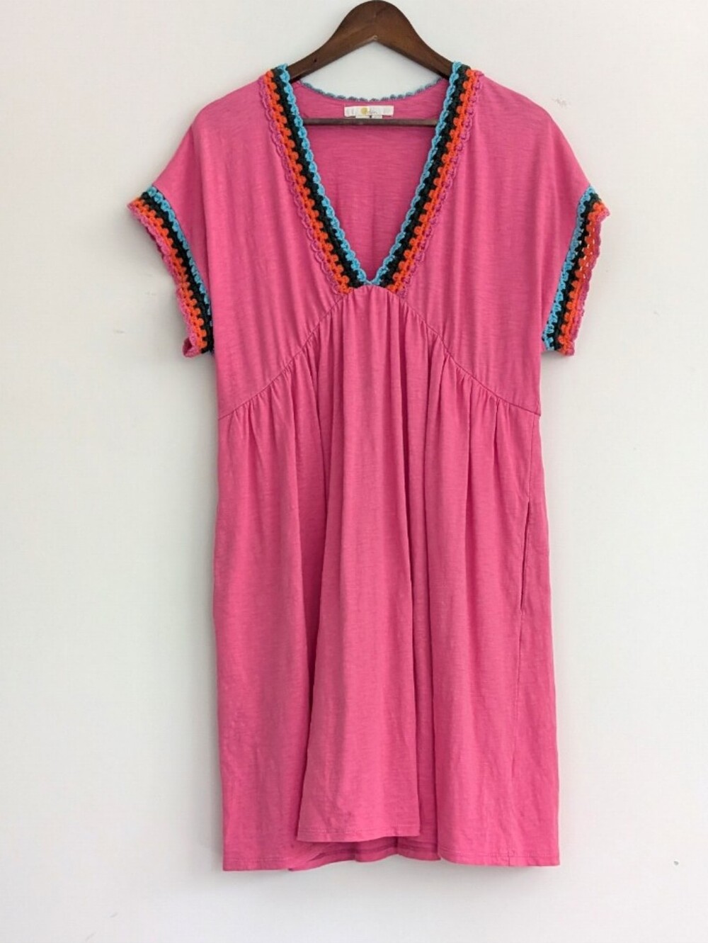 Boden Crochet Trim Jersey Sumner Pink Dress Beach Cover with side pockets Sz 12R